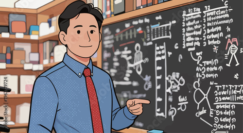 Teacher explains lessons in classroom with chalkboard full of diagrams and notes in a school setting during a weekday morning