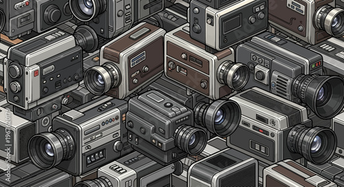 Collection of old video cameras stacked.