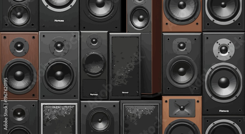 Closeup of multiple speaker systems.