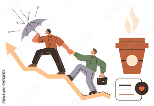 Business growth, teamwork, leadership, support, resilience, workplace collaboration. Two businesspeople climbing a rising graph as one protects with an umbrella. Teamwork and leadership concept