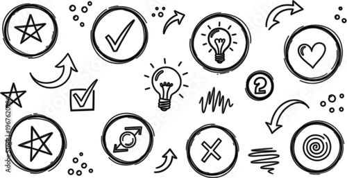 Hand drawn doodle icon vector set with arrows, stars, check marks, light bulbs, hearts and sketch style symbols for creative UI design elements