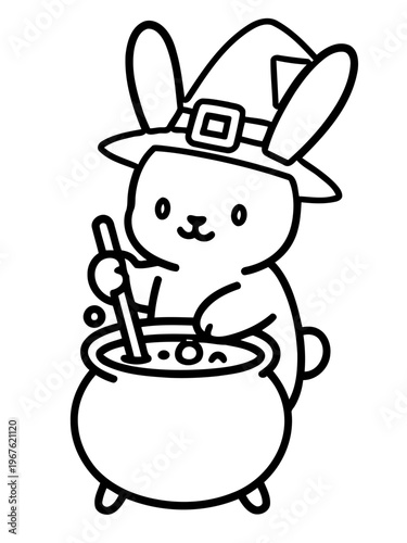 Bunny Brews a Bewitching Cauldron: A charming cartoon bunny, donned in a pointy hat, stirs a bubbling cauldron, casting a spell of whimsical Halloween fun.