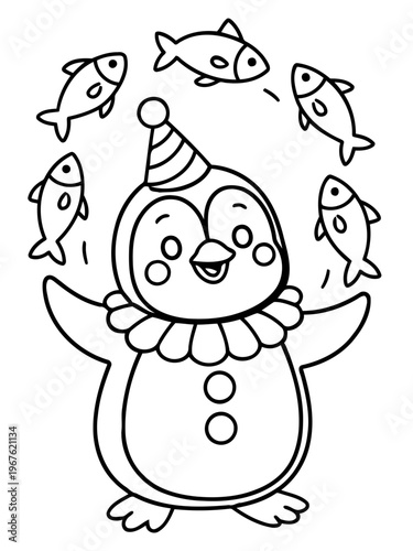 Penguin's Playful Performance: A charming penguin, adorned in a festive hat and collar, delights with a skillful juggling act, tossing fish in a whimsical display of aquatic amusement.