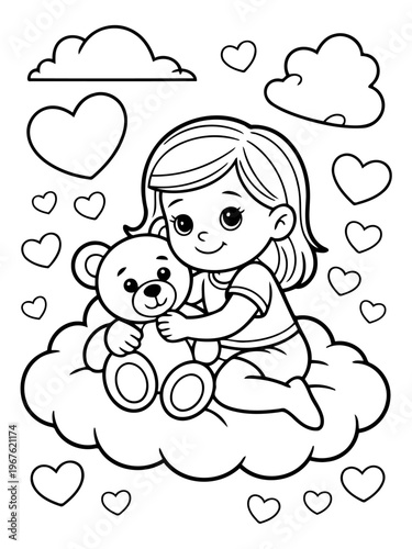 Girl with a Teddy Bear: A charming illustration depicts a sweet girl embracing a cuddly teddy bear while sitting on a cloud, surrounded by hearts. This heart-warming artwork radiates love, affection.