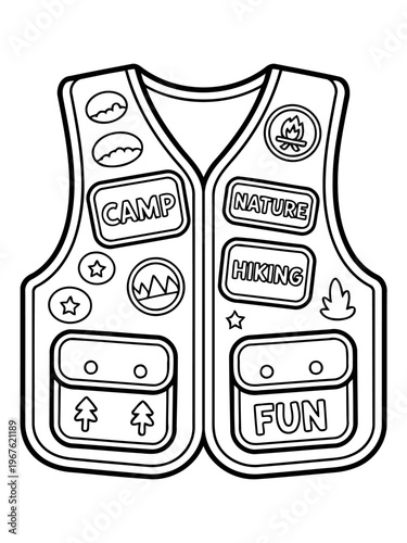 Adventure Vest: A detailed illustration of a vest, adorned with patches symbolizing outdoor adventures, hiking, and camp activities. Designed for youthful exploration.