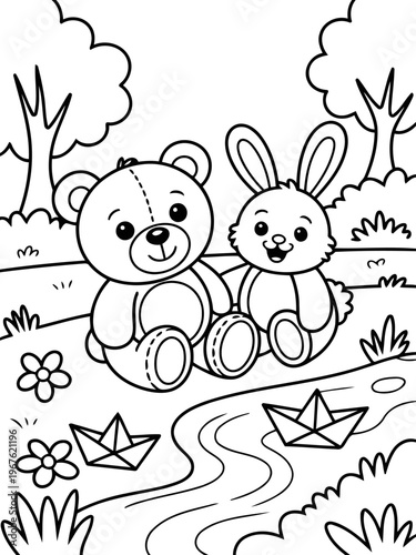 Friendship's Gentle Embrace: A heartwarming illustration of a cuddly teddy bear and a cheerful bunny sharing a moment of togetherness, nestled near a gentle stream, with paper boats drifting serenely.