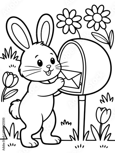 Bunny Postman: A charming cartoon bunny delivers mail to the mailbox in a blossoming garden. 