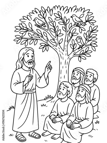 The Sermon: A black-and-white illustration captures a historical moment, with the figure of a spiritual leader engaged in a discourse to a captivated audience under the canopy of a large tree.