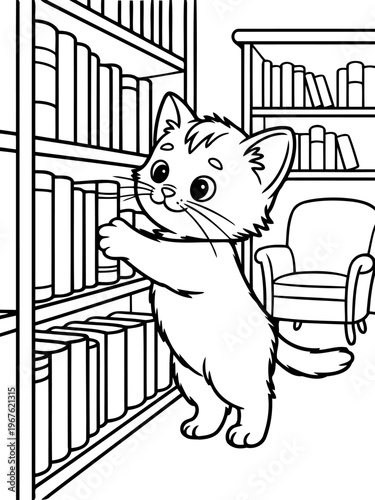 Curious Kitten in the Library: A charming line art illustration depicts a curious kitten reaching for a book on a shelf in a cozy library, filled with the promise of knowledge and adventure.