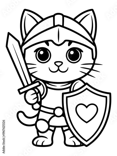 Brave Kitten Knight: A cute kitten, clad in shining armor and a helmet, stands bravely, sword in paw, shield at the ready, a symbol of courage and protection.