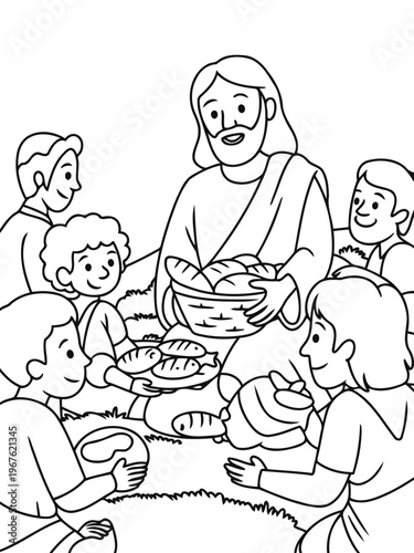 Miracle Meal: Illustrative depiction of a biblical scene where a figure provides sustenance to a gathering of individuals, capturing themes of compassion, abundance, and faith.