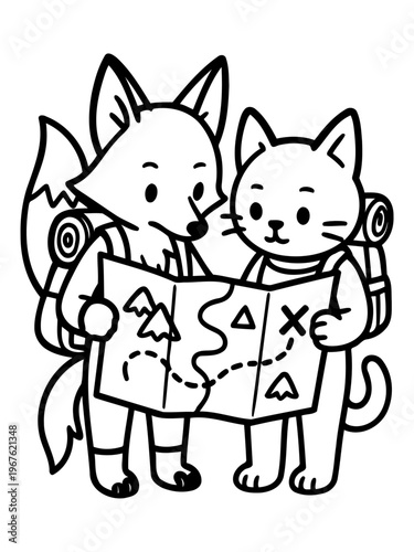Adventure Bound: A charming fox and cat, brimming with curiosity, pore over a detailed map, their backpacks hinting at a thrilling journey ahead.