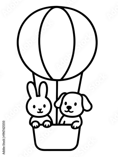 Adventure Awaits: Two adorable companions, a rabbit and a puppy, embark on an exciting journey in a hot air balloon, evoking feelings of freedom and exploration. 