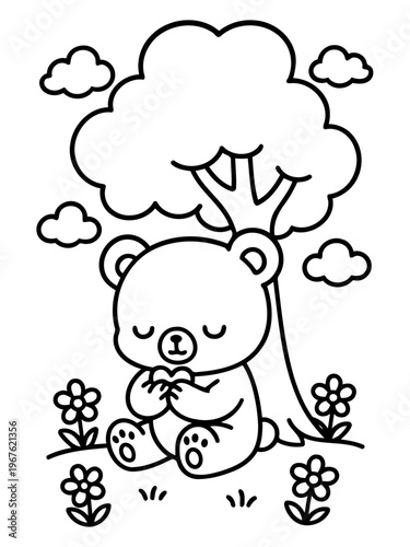 Sweet Bear in Solitude: A serene illustration of a cuddly bear finding peaceful repose beneath a sheltering tree. Embracing the simple joy of nature.