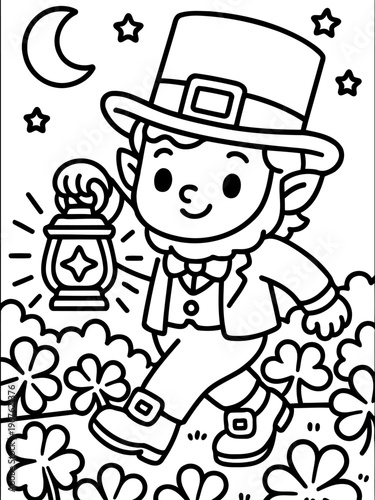 Leprechaun's Lunar Lantern: A charming illustration depicts a jovial leprechaun, his iconic top hat casting a long shadow, as he ventures through a field of shamrocks under the moonlit sky.