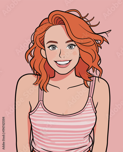 Smiling woman in a pink tank top with wavy orange hair against a pink background during a cheerful moment in an animated style