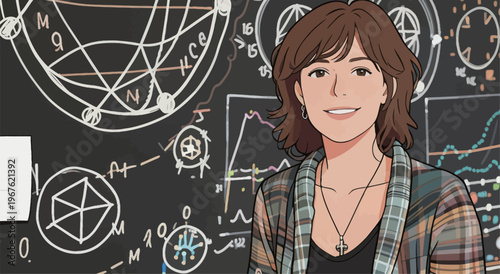 Portrait of a woman in front of a chalkboard filled with math and science concepts in a classroom setting during the daytime