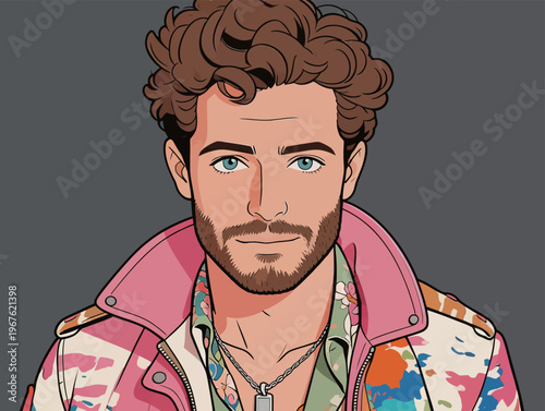 Young man with curly hair wearing a colorful jacket and showing a confident expression in a digital artwork setting