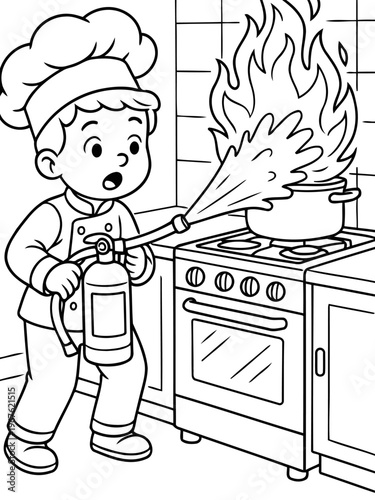 Kitchen Inferno: A young chef, equipped with a fire extinguisher, battles a sudden blaze erupting from a pot on a stove in a professional kitchen setting, representing a potential crisis scenario