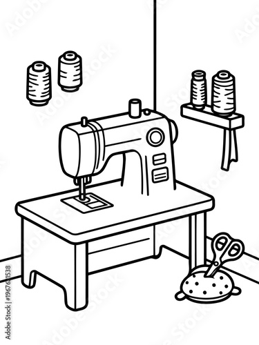 Sewing Essentials: A black and white illustration of a sewing machine on a table. Displaying the art of tailoring with threads, spools, and accessories, perfect for all your crafting needs.