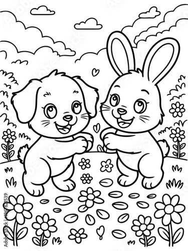 Joyful Companions: A heartwarming monochrome illustration of a puppy and a bunny embracing in a field of flowers, sharing a moment of innocent joy and friendship.