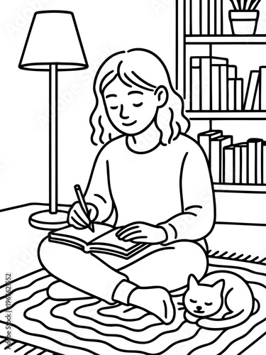 The Cozy Scene: Illustration depicts a serene moment of a person absorbed in writing, seated comfortably with a cat by their side. Captured a sense of tranquility.