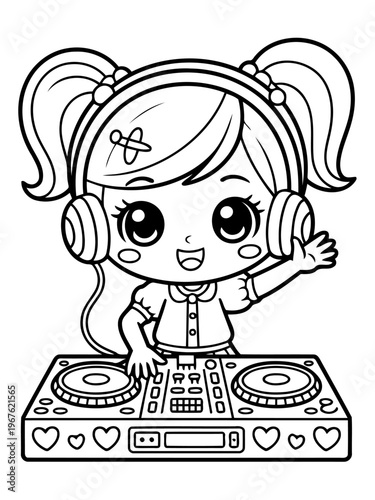 DJ Girl Illustration: A cheerful girl, donning headphones, commands a DJ setup with joyful enthusiasm, offering a glimpse into the vibrant world of music and mixing.