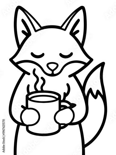 Cozy Fox's Coffee Break: A charming cartoon fox enjoys a warm cup of coffee, exuding serenity and the simple joy of a comforting moment.