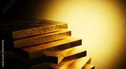 Photorealistic stack of gleaming gold, rendered with sharp detail. Strong contrast of light and shadow highlights its deep resilience, unwavering, solid, stack