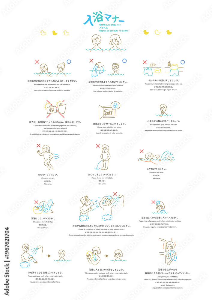 Naklejka premium 日本の入浴マナーガイド 多言語案内ポスター 温泉 銭湯 掲示板 Japanese bathhouse etiquette guide poster Hot spring Onsen Sento rules multilingual info