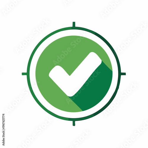 Green Check Mark in Target with Long Shadow, Success and Approval Concept, Graphic Icon