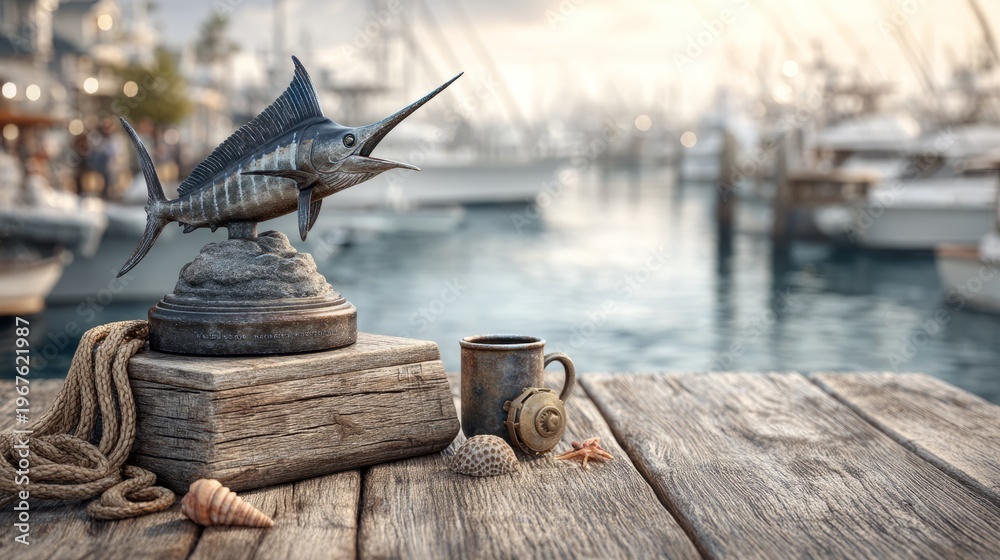Fototapeta premium Stunning Fishing Trophy on Dock with Ocean Background and Nautical Elements