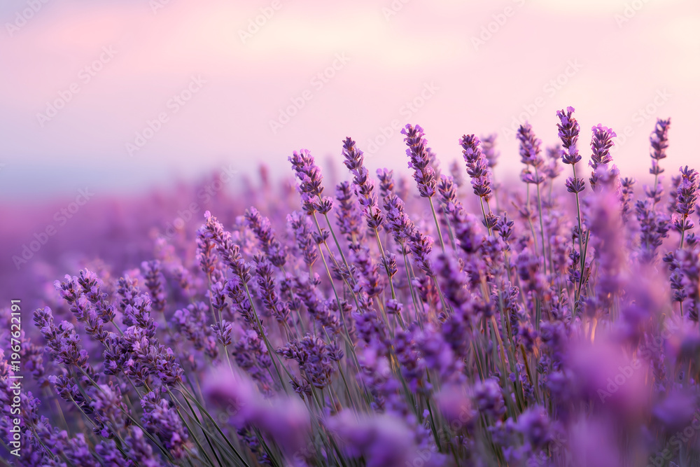 Obraz premium Lavender flowers glowing in soft sunset light, creating a dreamy seasonal background