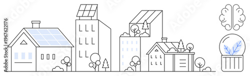 Renewable energy, eco-friendly living, green architecture, urban sustainability, environmental conservation, clean energy. Buildings with solar panels, trees and eco symbols. Renewable energy