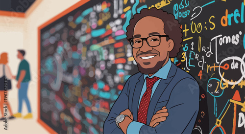 Person stands confidently in front of a large board filled with colorful equations and notes during a learning session