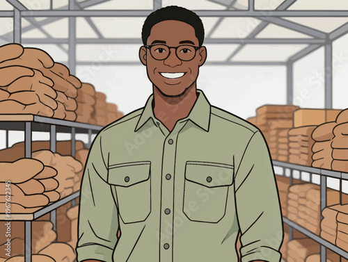 Young man works in a warehouse with shelves full of rolled towels and linen