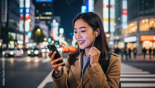 Night City Serenade: A woman stands amid the vibrant city lights, connected by earbuds and a smartphone, her face lit with a smile, embracing the urban symphony of the night.