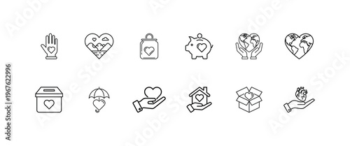 Charity and donation icons vector set hands holding hearts piggy bank caring for planet helping others support kindness symbol.