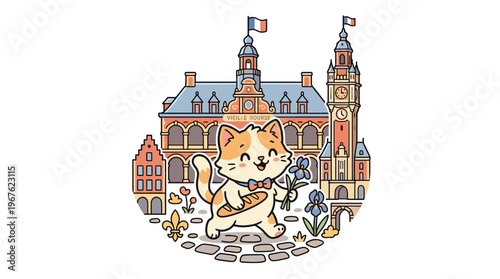 Charming Cat with Baguette in Front of French Landmark