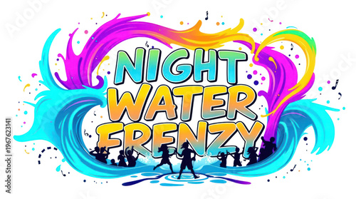 Water Night Frenzy Party with Colorful Splashes and Dancing Silhouettes