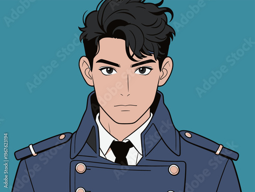 Young man in a blue uniform with black tie looking directly at the viewer in a simple background featuring blue color