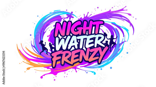 Night Water Frenzy Event with Playful Silhouettes and Vibrant Splashes