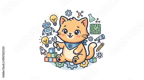 Cute Cartoon Cat Engineer with Science and Robotics Elements