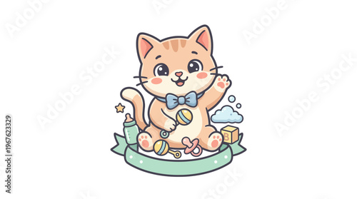 Charming Cartoon Cat Waving Hello with Baby Toys