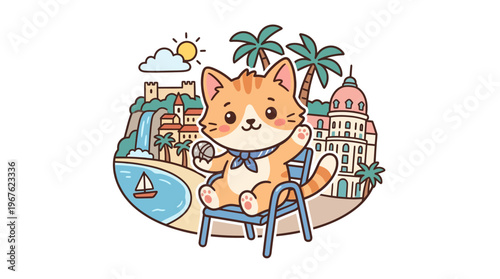 Cute Cat Enjoying Summer Vacation by the Beach