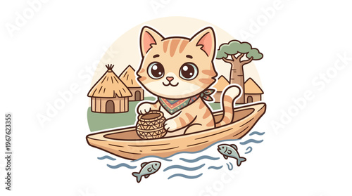 Cute Cartoon Cat in a Boat Fishing in a Village