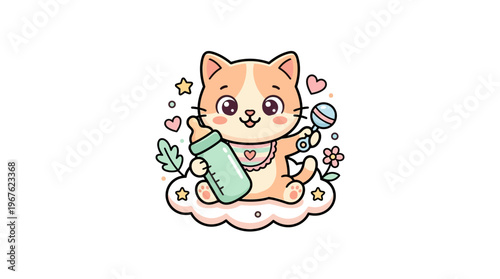 Cute Cartoon Kitten with Baby Accessories on Cloud