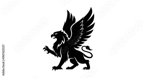 Black Silhouette of a Majestic Griffin with Wings Spread on White Background
