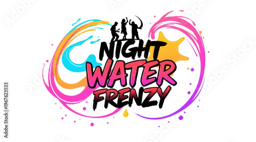 Water Party Night Frenzy with Colorful Splashes and Dancing Silhouettes