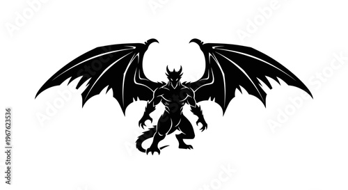 Black Silhouette of a Mythical Dragon Creature with Large Wings Spread Wide